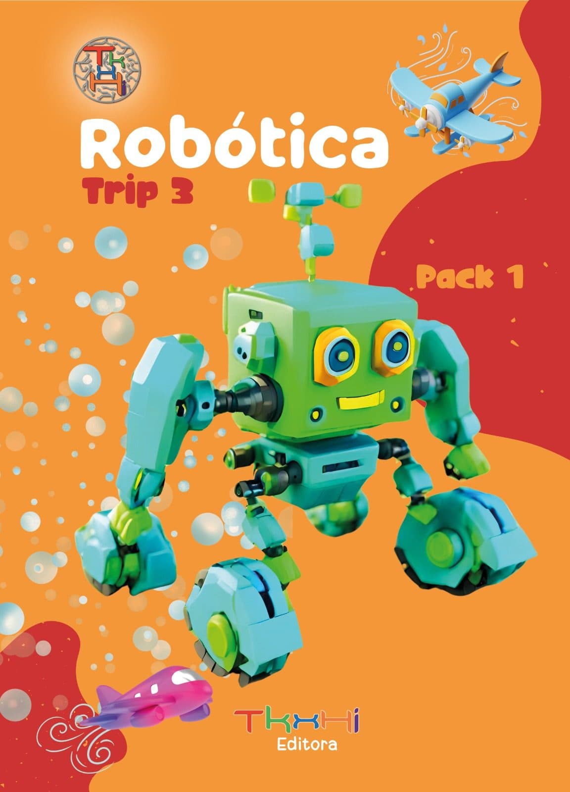 Capa de Robótica Trip 3, Pack 1: robô verde em fundo laranja, com avião e bolhas.