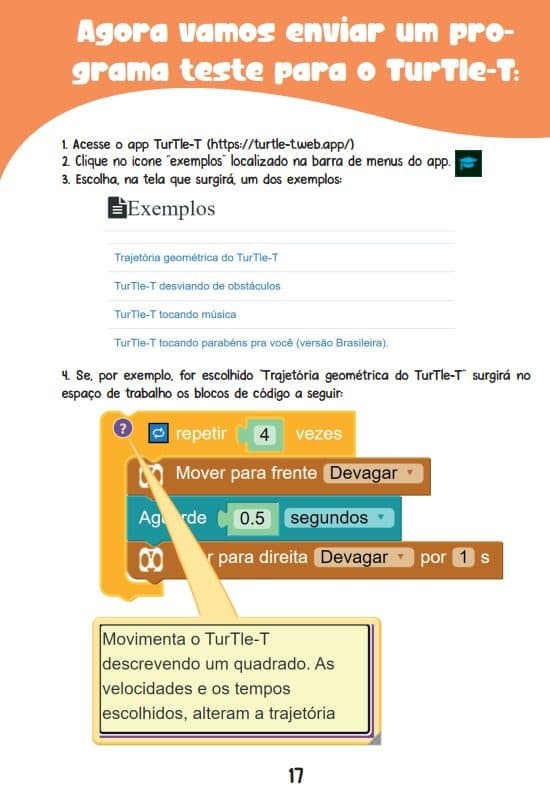 Página ensinando a enviar um programa de teste pelo aplicativo do TurTle-T, com blocos de repetição e movimento.