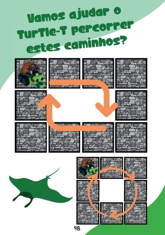 Página com dois percursos em grade de blocos para o TurTle-T atravessar seguindo setas.