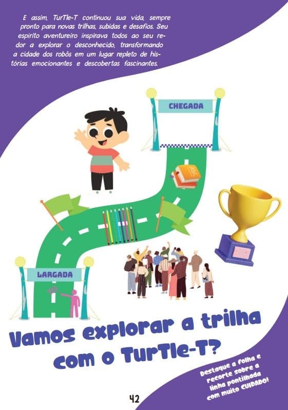 Página com uma trilha da largada à chegada, para o aluno percorrer com o TurTle-T e recortar.