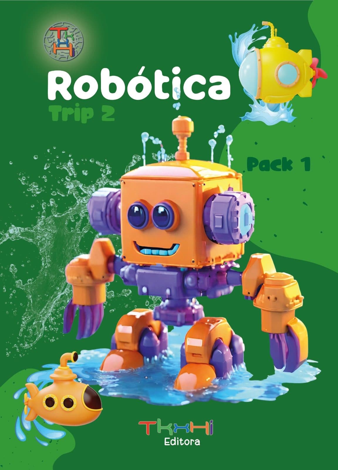 Capa de Robótica Trip 2, Pack 1: robô laranja e roxo na água, em fundo verde, com submarino amarelo.